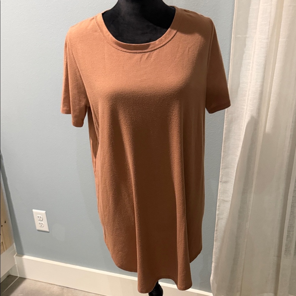 Zenana Elegant Brown Symmetrical Line Down Back Short Sleeve Top Soft XL